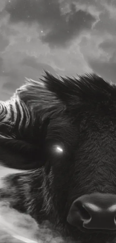 Mystical bison with glowing eyes in a cloudy night sky.