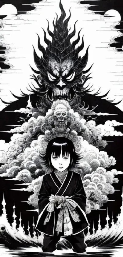 Mystical black and white wallpaper with a character and an ominous figure.