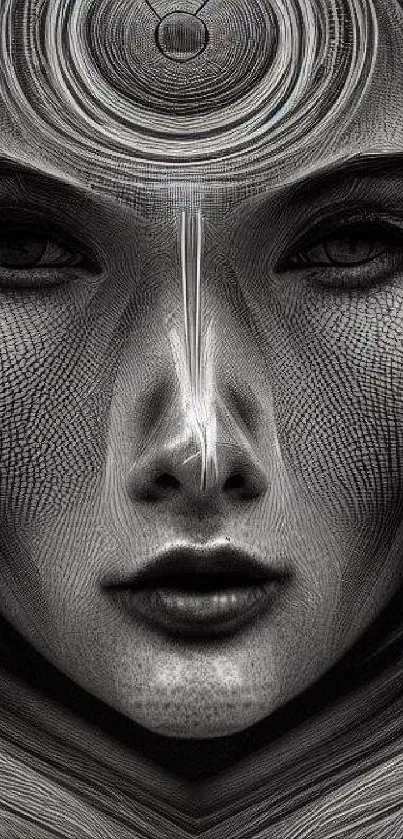 Intricate black and white surreal face art wallpaper for mobile.