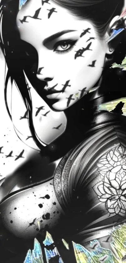 Black and white wallpaper featuring a woman with tattoos and birds.