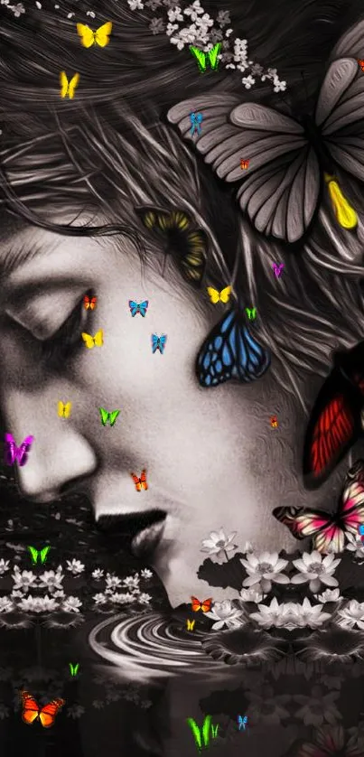 Black and white art with colorful butterflies.