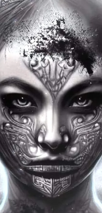 Mystical black and white face with intricate designs in digital art style.