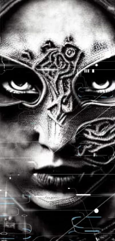 Black and white wallpaper featuring a mysterious masked figure with intricate designs.