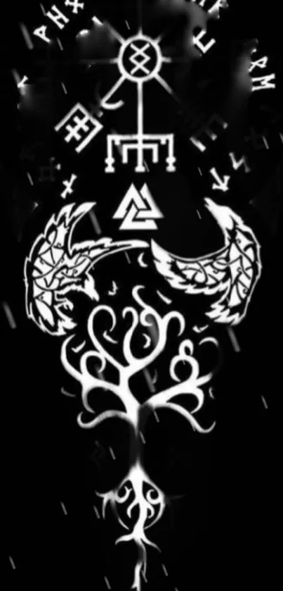 Mystical black and white symbols on a dark background wallpaper.