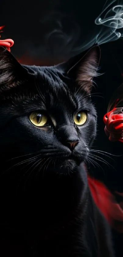 Artistic black cat with smoke design on dark background.