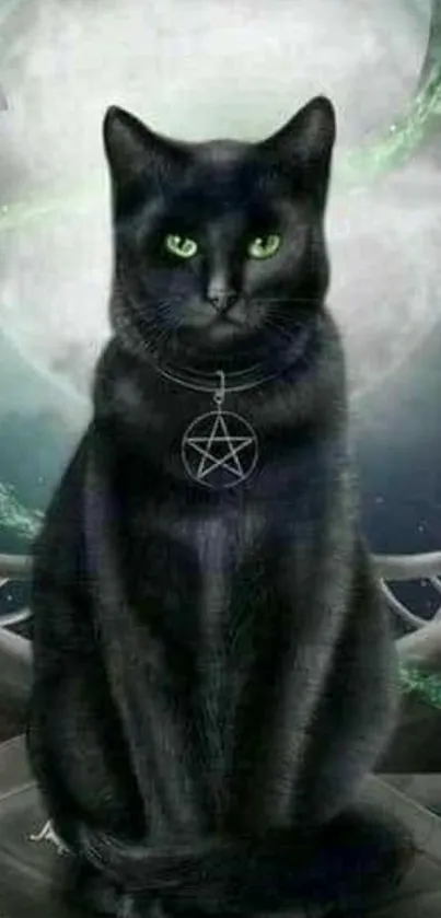 Mystical black cat with a pentagram pendant under a glowing moon.