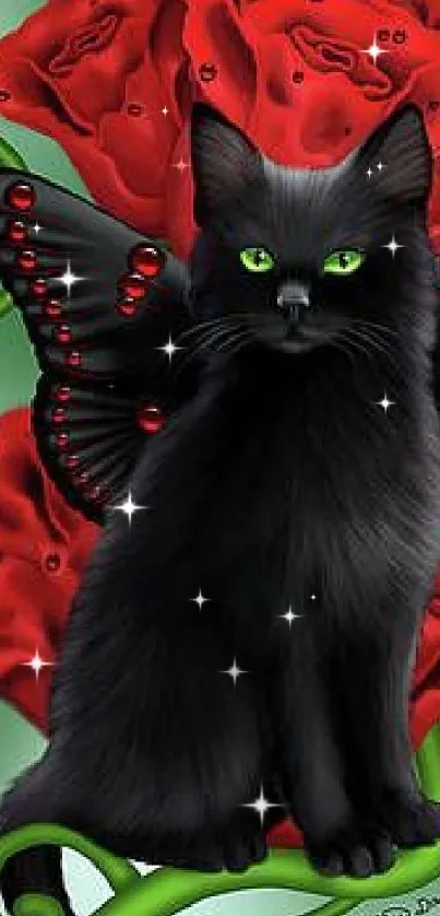 Mystical black cat with butterfly wings and red roses.