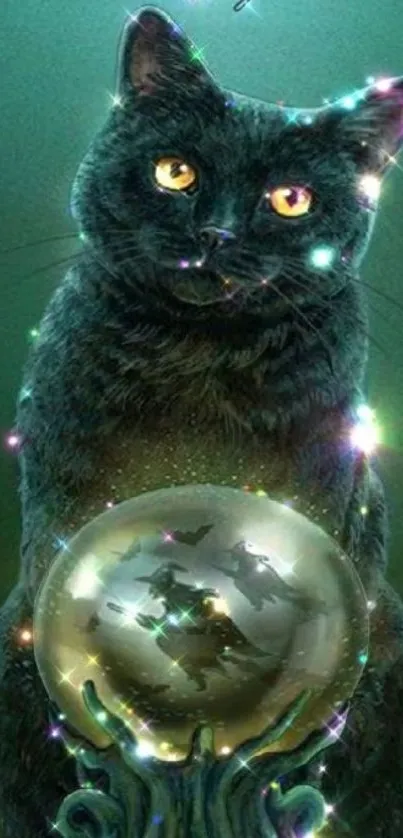 Mystical black cat with glowing eyes and a crystal ball in dark fantasy setting.