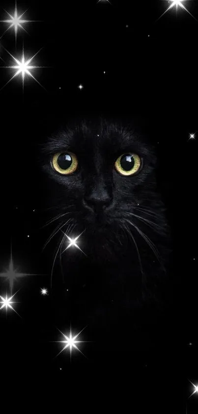 Dark wallpaper featuring a black cat with striking yellow eyes.