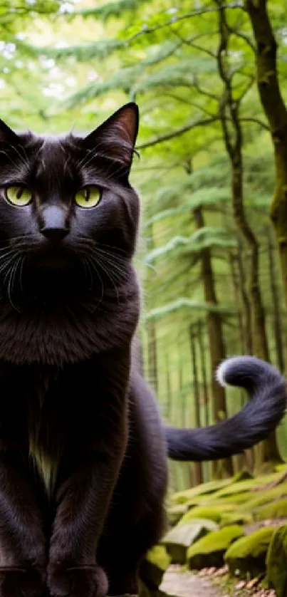 Black cat sitting amidst a lush green forest path.