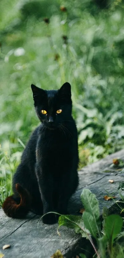 Black cat sitting on a wooden plank in a lush green forest.