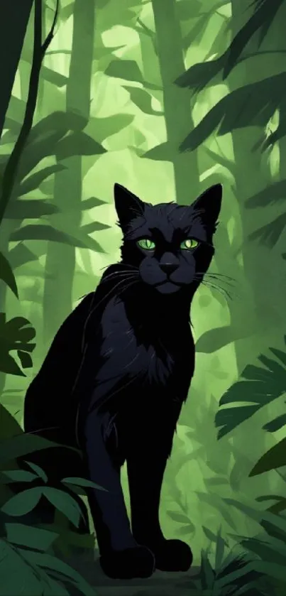 Black cat in lush green jungle wallpaper.