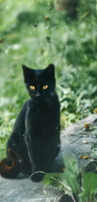 Black cat with yellow eyes surrounded by green foliage.