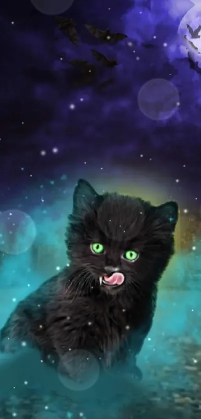 Mystical black cat with green eyes in a moonlit fantasy setting.