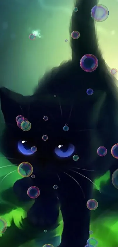 Mystical black cat in an enchanted forest with vibrant green lighting.