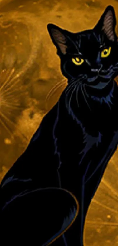 Black cat sits on a pole before a glowing golden moon.