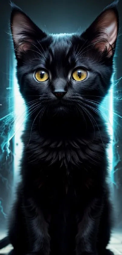 A black cat with yellow eyes in a glowing, mystical phone wallpaper.