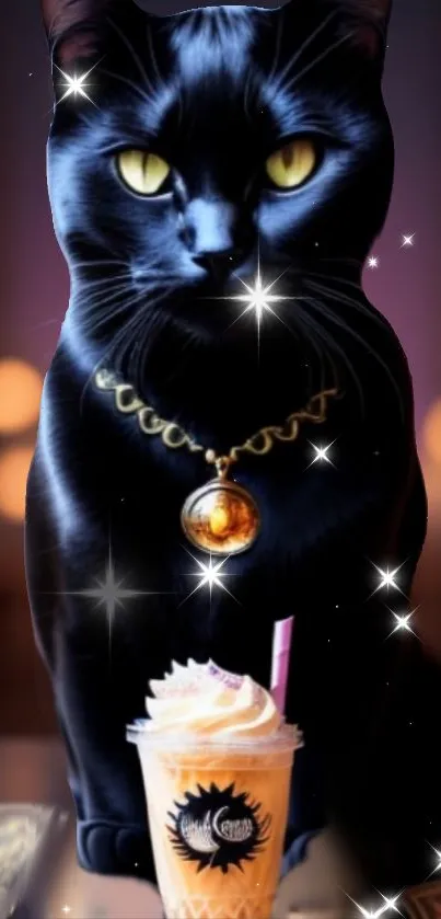 Mystical black cat with sparkles and a coffee drink in a dark setting.