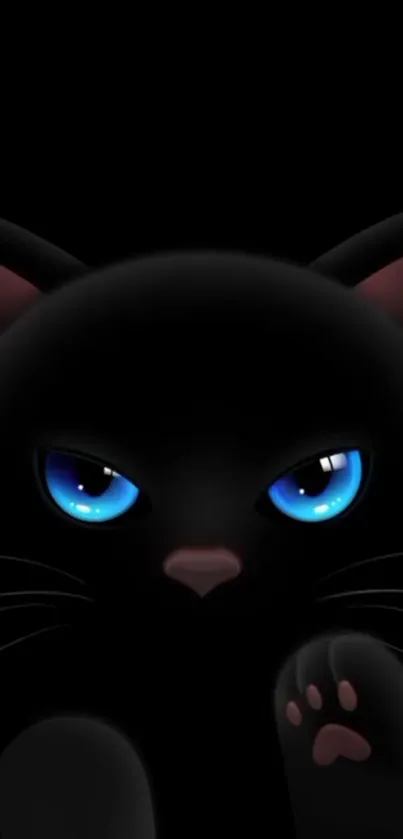 Black cat with blue eyes and playful paw on dark background.