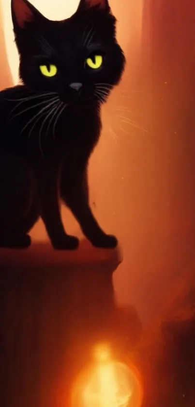 Mystical black cat with glowing eyes in an orange-lit background.