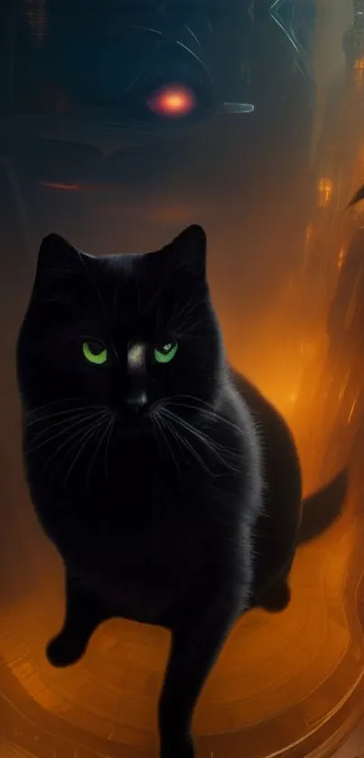 Mystical black cat with green eyes on an orange glowing background.