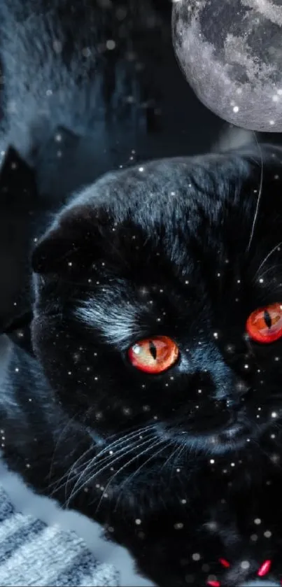 Black cat with glowing eyes under a moonlit night sky.