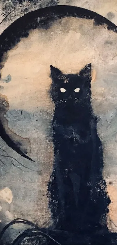 Mysterious black cat under crescent moon in a mystical wallpaper.