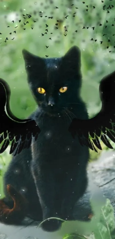 Mystical black cat with wings in a forest