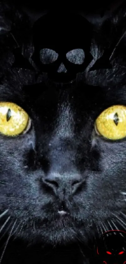 Close-up of a black cat with golden eyes and gothic elements.