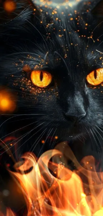 Black cat with glowing orange eyes and golden sparkles in a mystical setting.