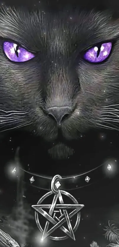 Mystical black cat with purple eyes and pentagram necklace wallpaper.