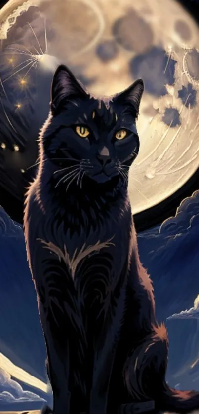 Black cat and moon with mystical night sky in mobile wallpaper.