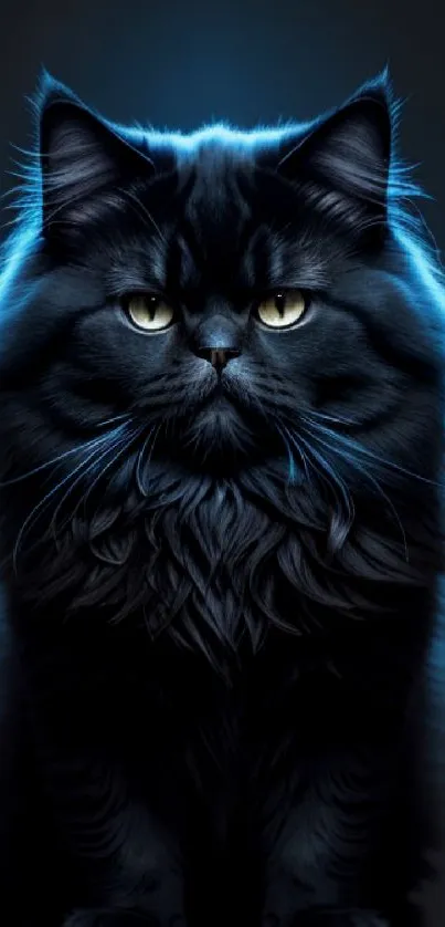 Mystical black cat with glowing blue highlights on a dark background.