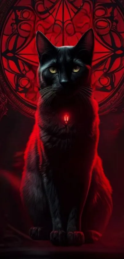 Mystical black cat with a red aura, gothic design, mobile wallpaper.