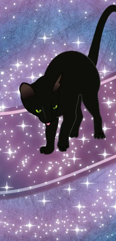 Black cat on a magical purple starry background.