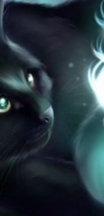 Mystical black cat with glowing orb in fantasy art.