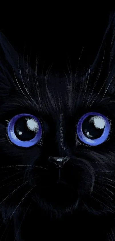 Enchanting black cat with blue eyes on a dark mobile wallpaper.