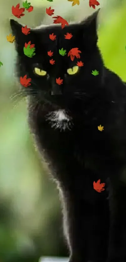 A black cat with yellow eyes on a green blurred background.