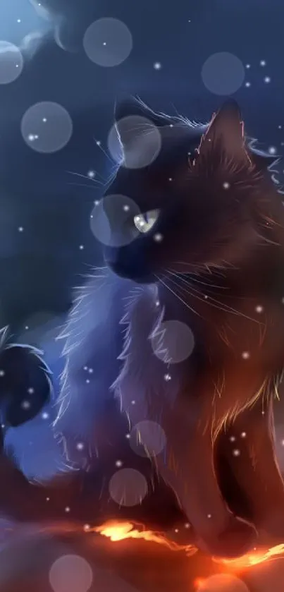 Mystical black cat with a fiery glow in a dark fantasy setting.