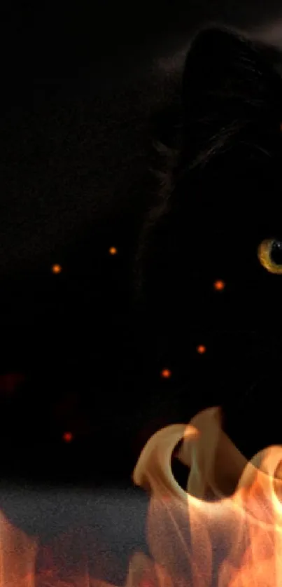 Black cat with fiery eyes and background fire, creating a mystical vibe.