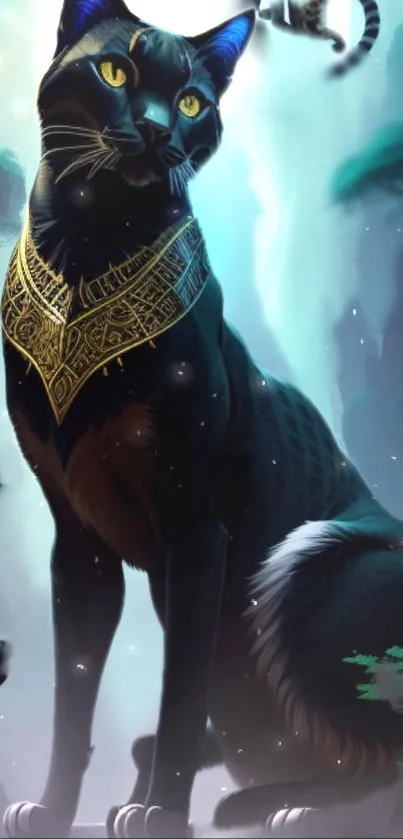 Mystical black cat with golden accents in a fantasy forest.