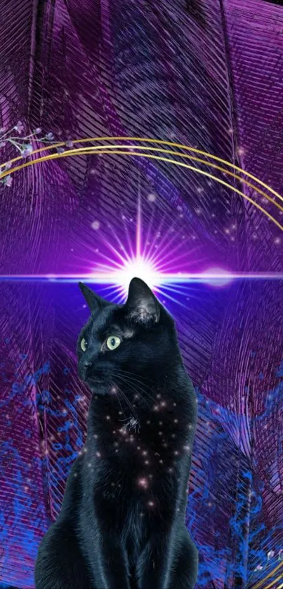 Mystical black cat with purple cosmic background.