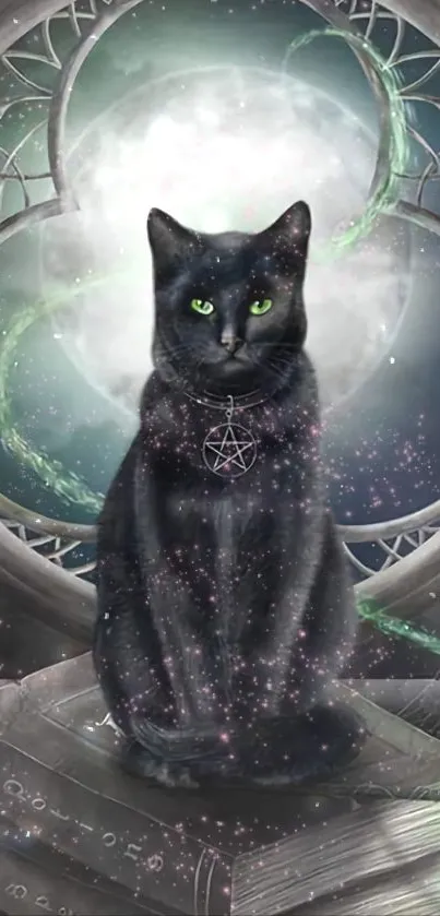 Mystical black cat sitting on spell books with a celestial background.