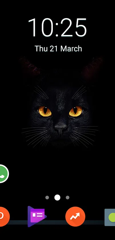 Dark mobile wallpaper with a black cat face and yellow eyes.