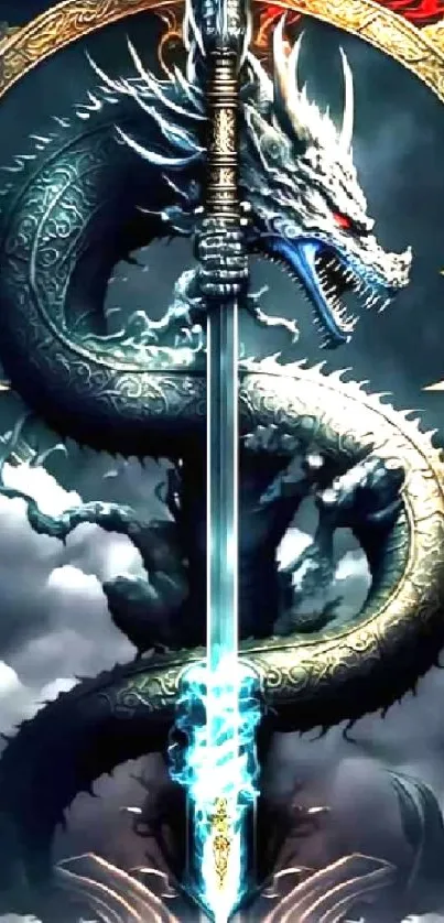 Coiling black dragon with sword on cloudy background.