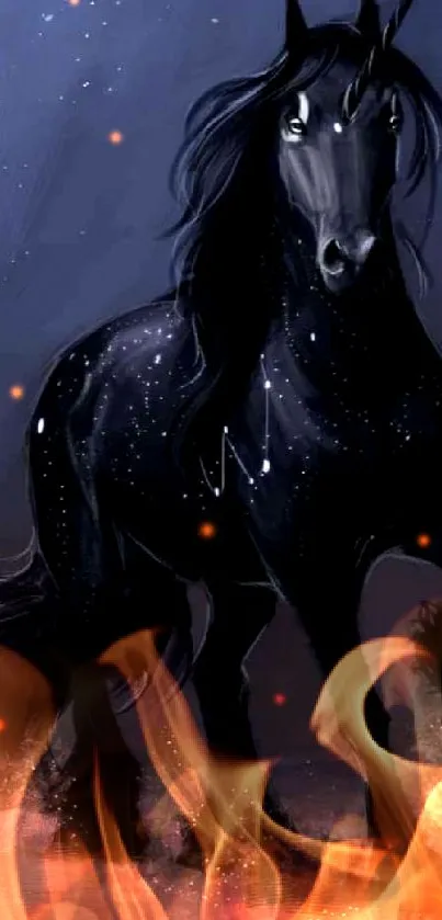 Mystical black horse under a starry night sky in an enchanting mobile wallpaper.