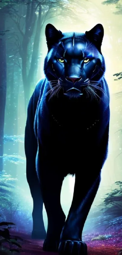 A mystical black panther prowls through a glowing forest.