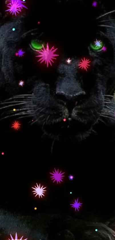 Black panther with green eyes and colorful stars wallpaper.