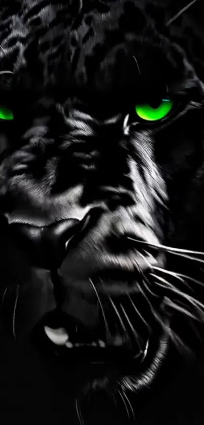 Black panther with glowing green eyes on a dark background.