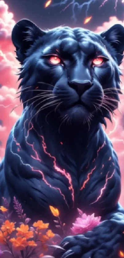 Mystical black panther with glowing eyes amidst colorful flowers and a dramatic sky.